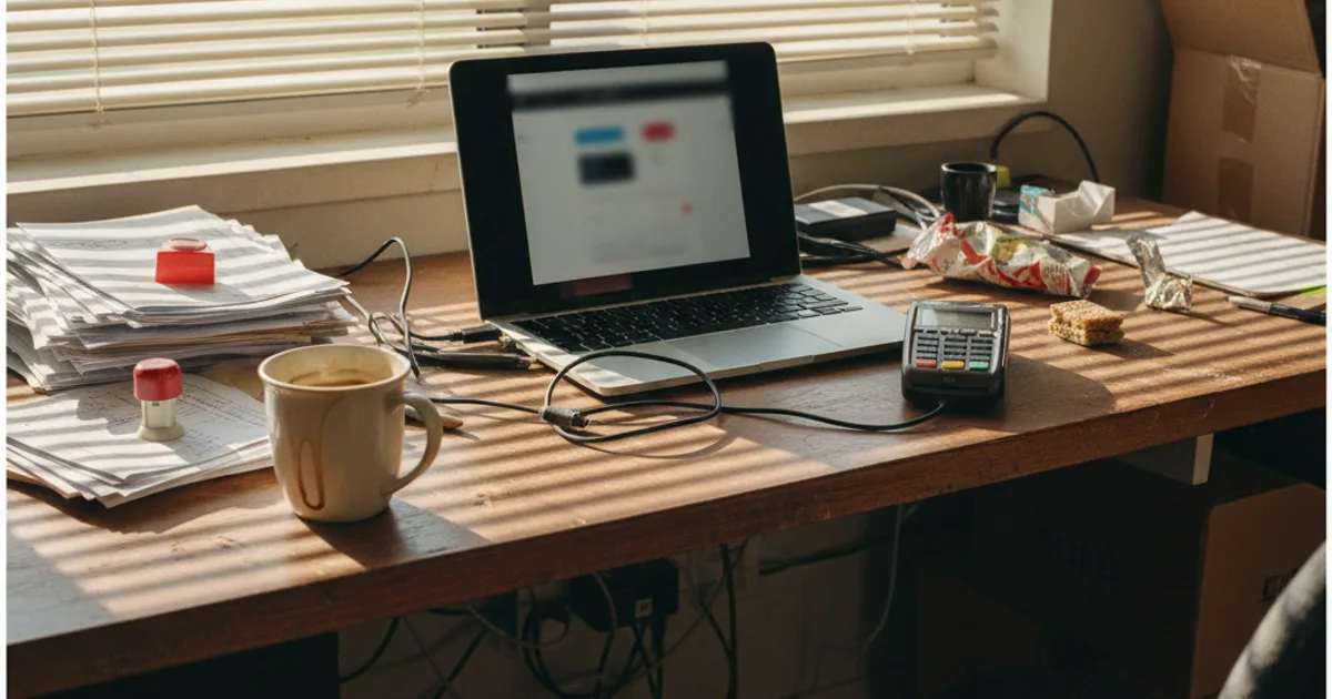 A cluttered back-office desk at a mid-size online retailer in the late afternoon, sunlight through half-open window blinds casting stripes across a laptop