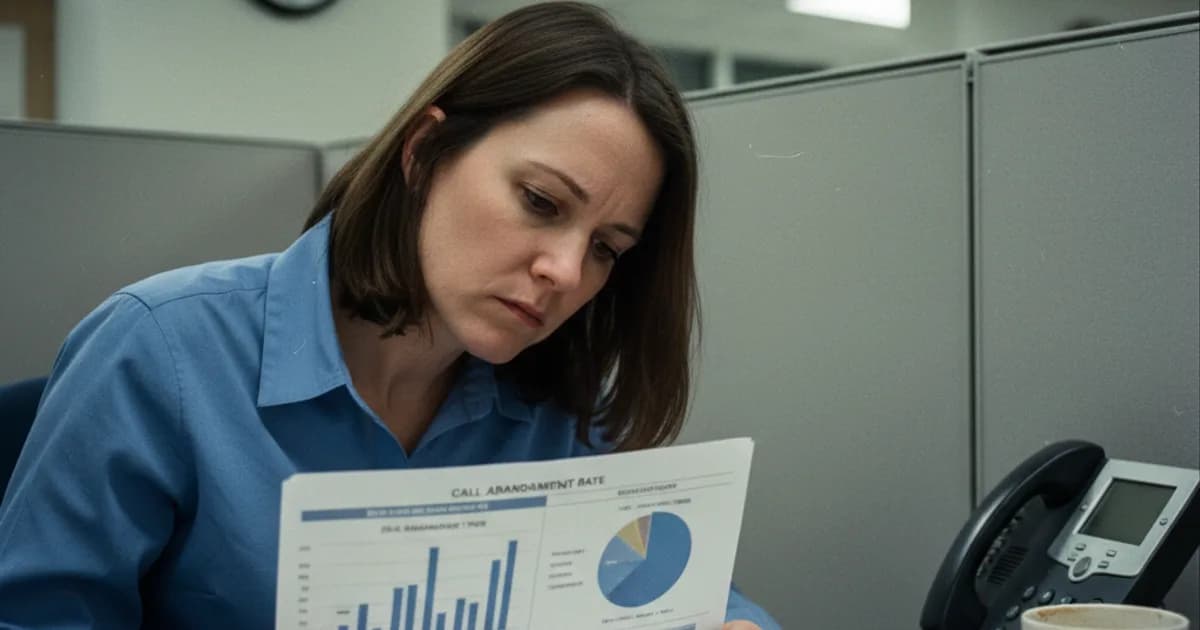 A contact-center supervisor in a plain office cubicle studies a printed report covered in bar charts and percentage tables next to a black desk phone with a