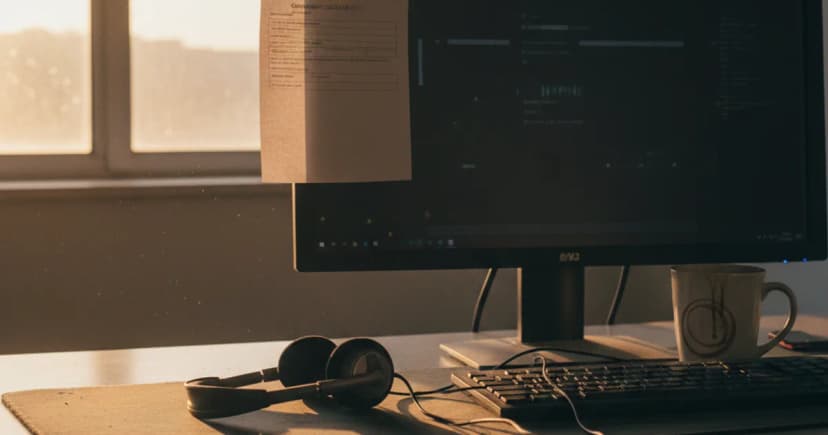 An empty call center workstation at dusk, a headset resting on a worn desk mat beside a monitor showing a dark, unreadable call dashboard, with a paper