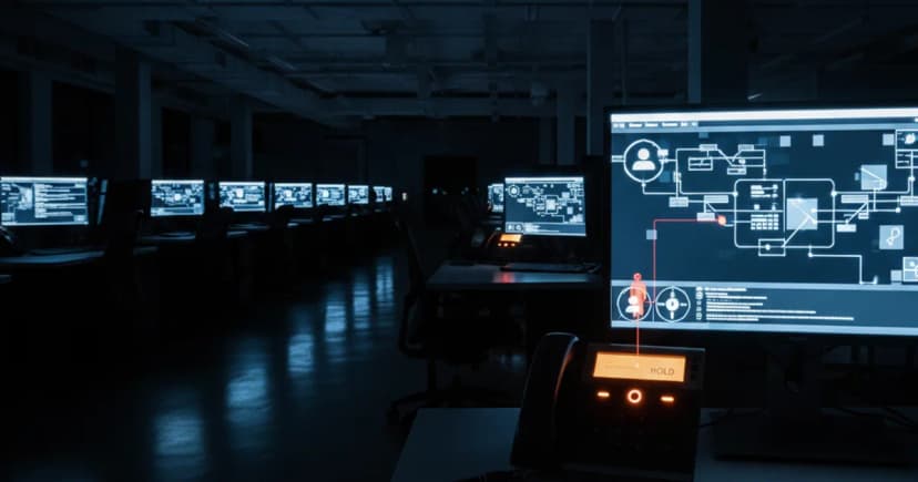 A call center operations floor photographed from a low angle at night, lit by the blue-white glow of compliance dashboard screens showing call routing status