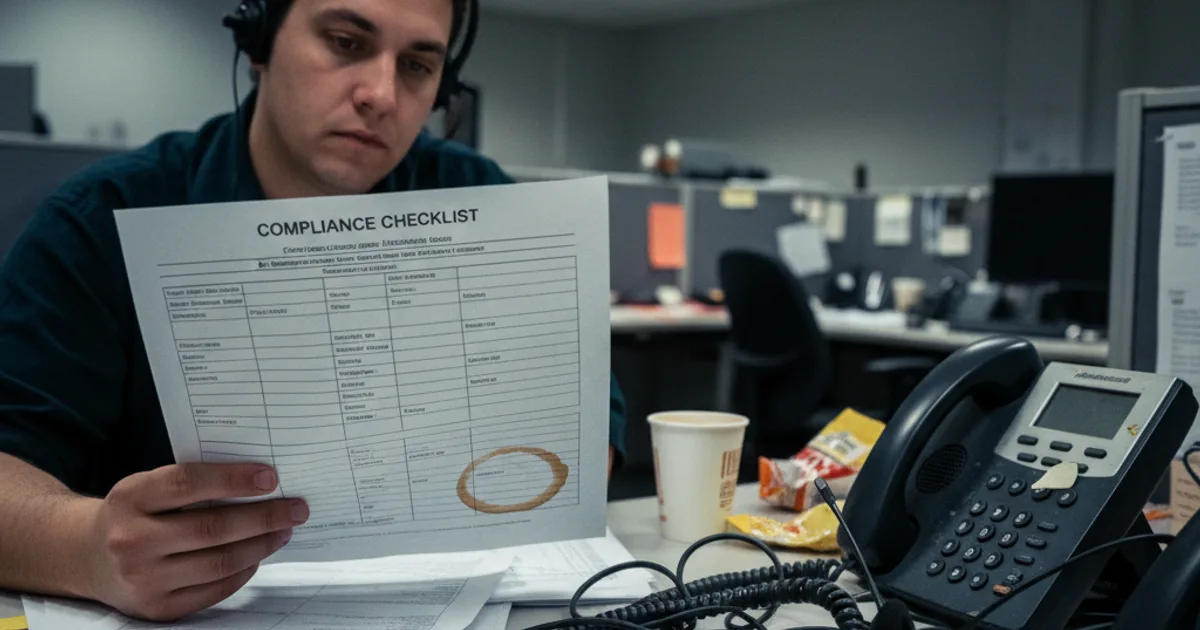 A call center supervisor sits at a cluttered desk late in the evening, reviewing a printed compliance checklist beside a corded headset and a desktop phone