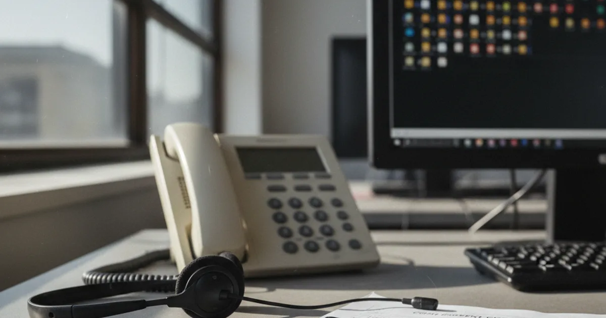 A compliance officer's desk in a modern call-center office, mid-morning window light spilling across a desk phone, a headset, and a printed consent checklist