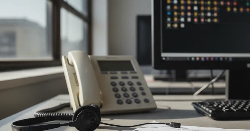 A compliance officer's desk in a modern call-center office, mid-morning window light spilling across a desk phone, a headset, and a printed consent checklist