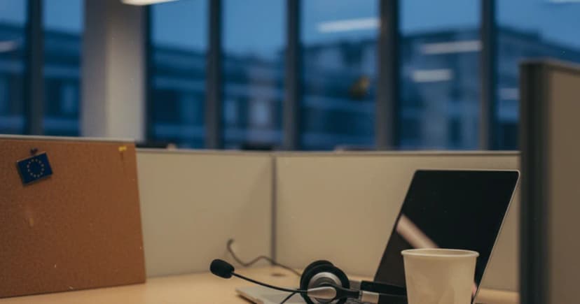 A quiet open-plan contact center at dusk, a headset resting on a laptop keyboard next to a paper coffee cup with a faint ring stain on the desk