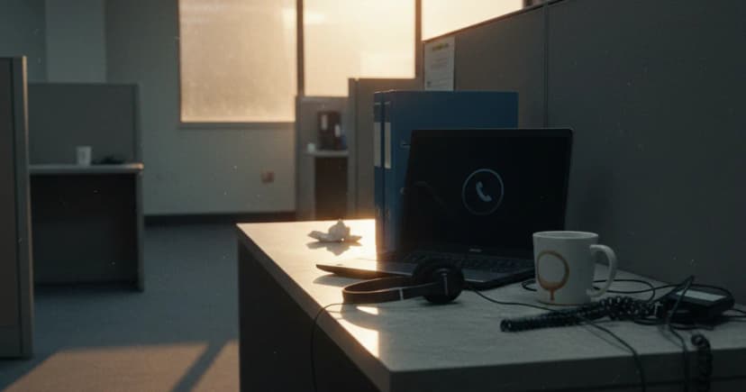 A documentary-style photo of an empty call-center workstation at dusk: a headset rests on a worn desk beside a closed laptop showing a dark, dialing-icon
