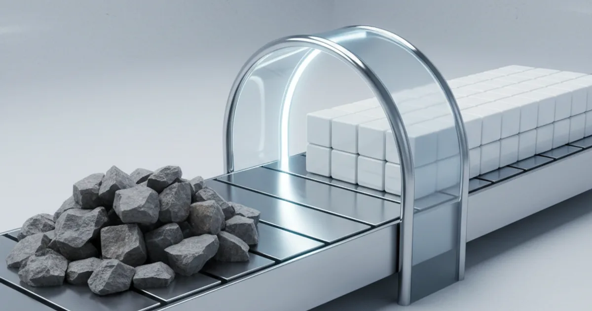 A clean 3D render of a conveyor belt carrying a chaotic jumble of jagged, dark-grey stones on the left, which passes through a sleek, glowing cylindrical glass