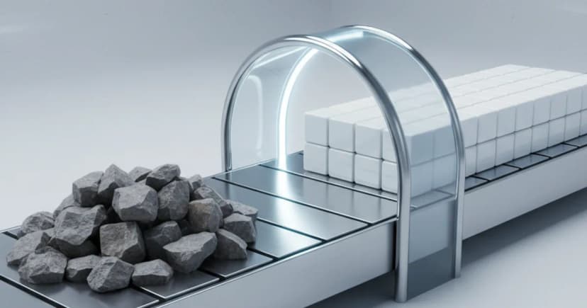 A clean 3D render of a conveyor belt carrying a chaotic jumble of jagged, dark-grey stones on the left, which passes through a sleek, glowing cylindrical glass