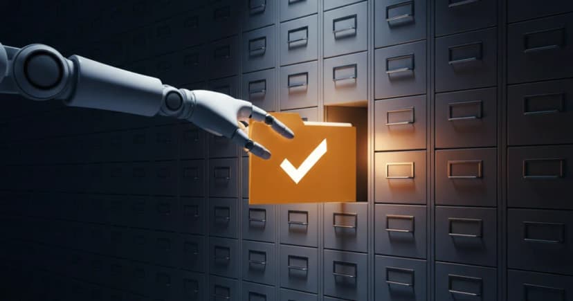A clean 3D render of a massive, dark grey wall of endless filing cabinets, where a sleek, white robotic arm reaches in to pull out a single, glowing amber file
