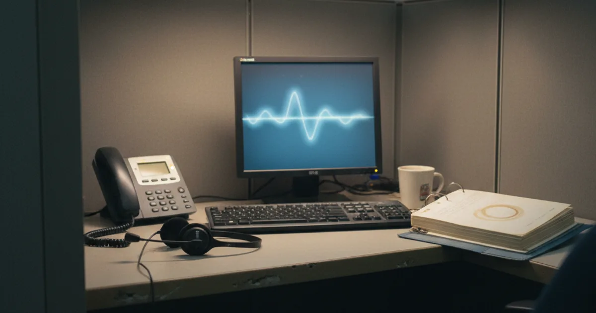A quiet call center cubicle photographed at dusk: a headset rests on a worn desk beside a small desk phone with its status LED glowing amber to suggest an