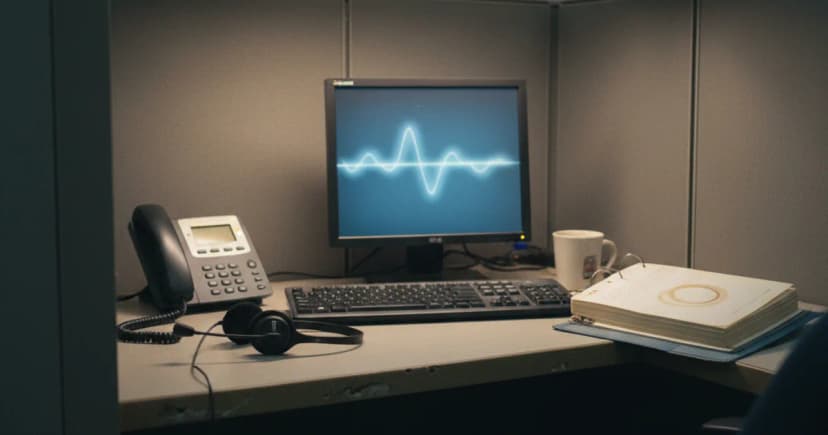 A quiet call center cubicle photographed at dusk: a headset rests on a worn desk beside a small desk phone with its status LED glowing amber to suggest an