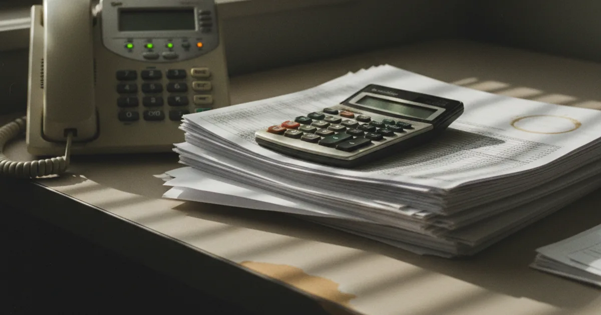 A contact-center operations desk photographed at early morning: a beige multi-line desk phone with several lines lit sits beside a stack of printed