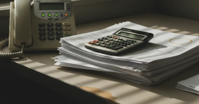 A contact-center operations desk photographed at early morning: a beige multi-line desk phone with several lines lit sits beside a stack of printed