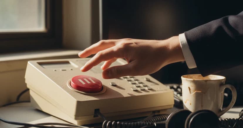 A close-up photograph of a call center agent's hand hovering over a red pause button on an analog-style phone console, a worn headset resting beside a chipped