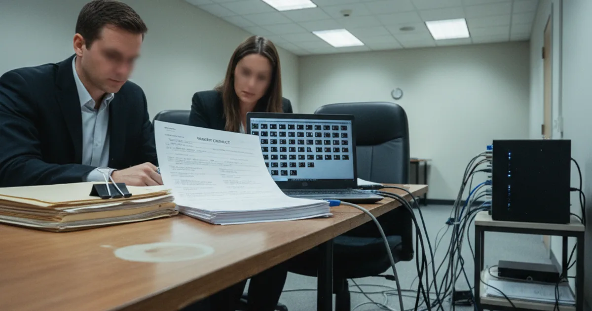 A conference room table where two executives review a printed vendor contract beside an open laptop showing dark, unreadable folder-icon screens, with a small