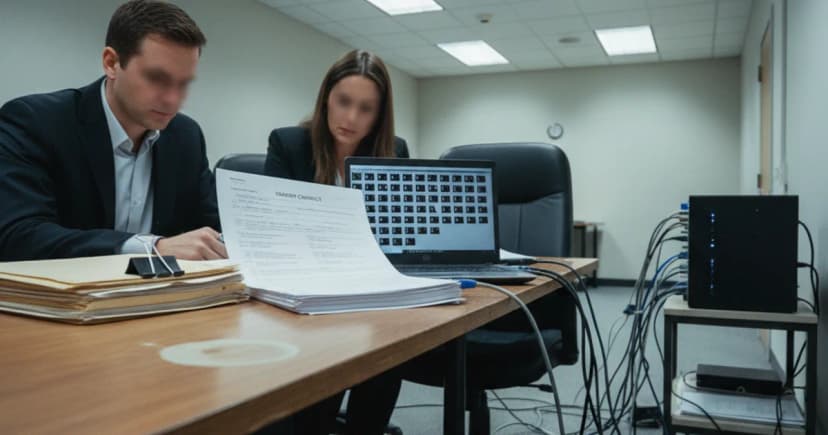 A conference room table where two executives review a printed vendor contract beside an open laptop showing dark, unreadable folder-icon screens, with a small
