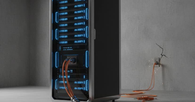 A clean 3D render shows a towering, state-of-the-art supercomputer server rack glowing with sleek blue LED indicators, positioned in a minimalist concrete