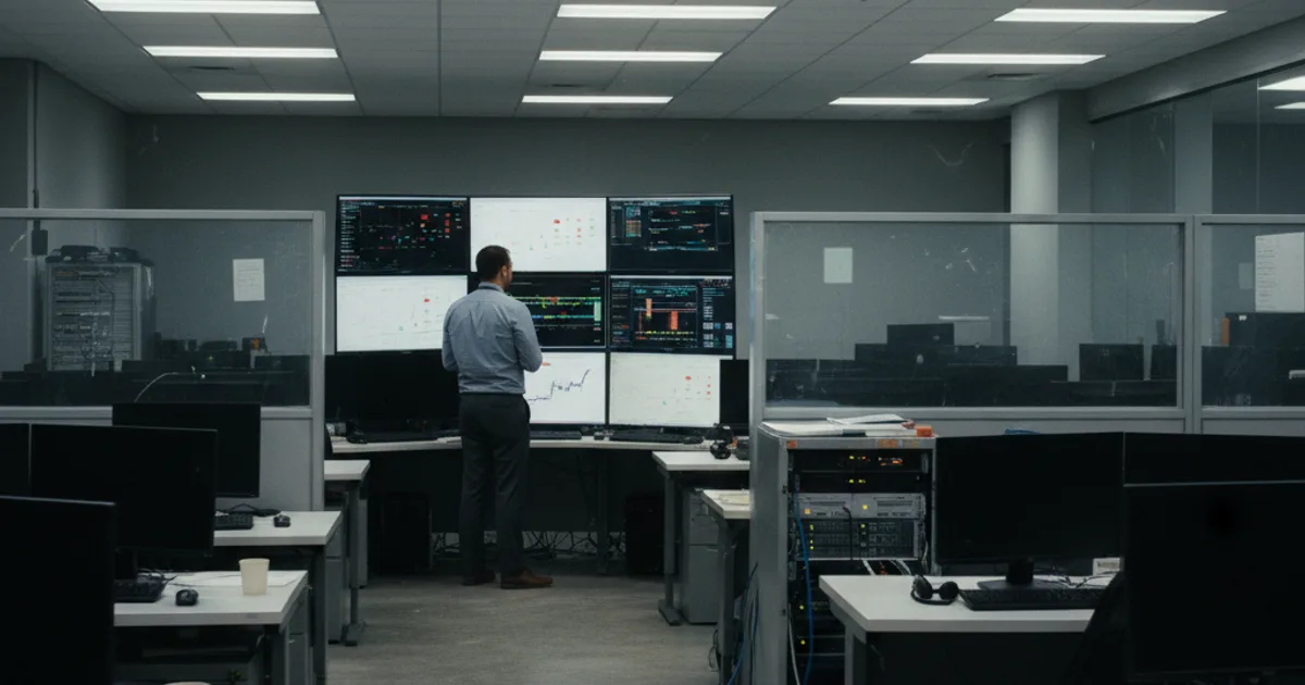 A mid-size contact center floor in the early evening, overhead fluorescent panels lighting rows of empty agent desks while one supervisor stands at a