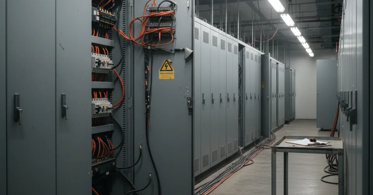 A wide industrial electrical switchgear room inside a data center, rows of gray power distribution panels and thick bundled cables running along a concrete