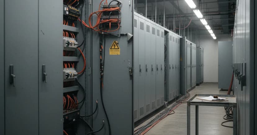 A wide industrial electrical switchgear room inside a data center, rows of gray power distribution panels and thick bundled cables running along a concrete