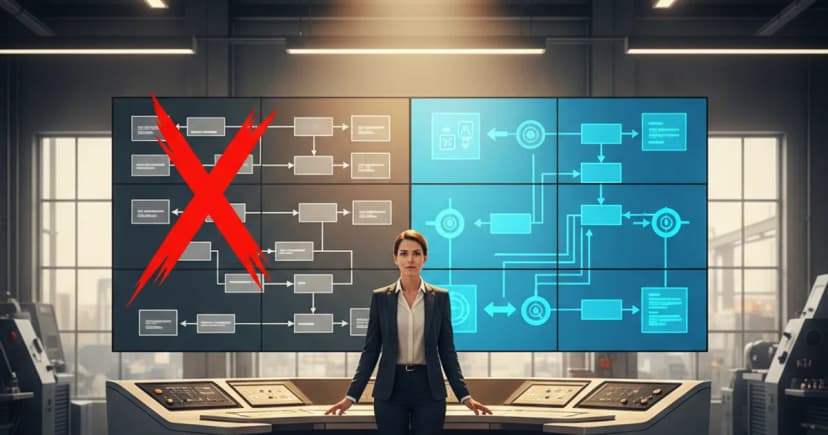 An operations manager standing at a factory-floor-style command center with a large monitor wall displaying a clean workflow diagram, half of which is crossed