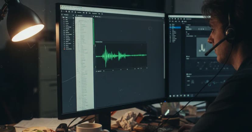 A QA analyst wearing a headset sits at a cluttered desk late at night, reviewing a call transcript and waveform on a monitor beside a second screen showing a