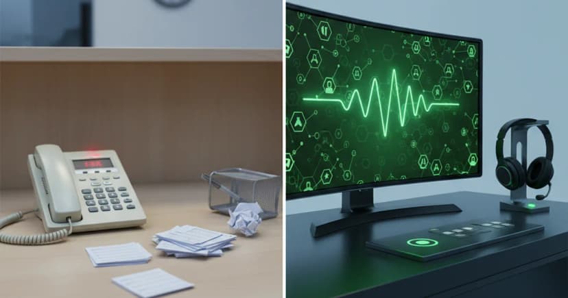 A split-scene editorial render showing two call center environments side by side under clean studio lighting