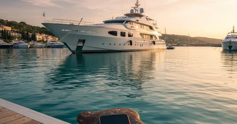 A luxury superyacht moored at a sunlit Mediterranean marina, viewed from the dock at golden hour